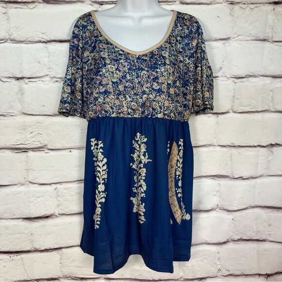 Chicyea Floral Print Dress / Tunic SZ XL Above Knee Cold Shoulder Style Blue New - Picture 2 of 10